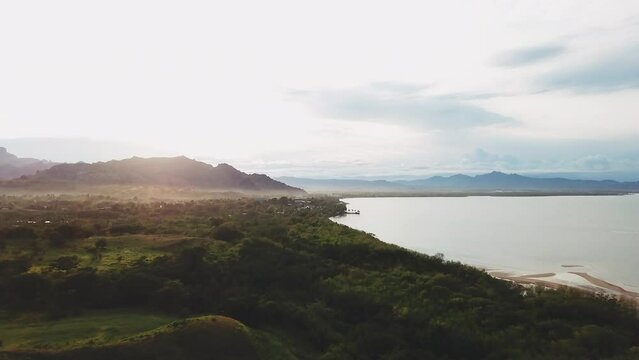 Nadi Fiji Bula holiday vacation island paradise aerial drone cinematic sunrise beautiful peaceful relaxing honeymoon adventure resort lagoon mountain beach jungle backward movement