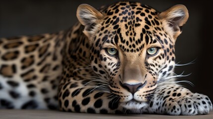 Fototapeta na wymiar Ferocious carnivore leopard sit and relaxed and stare at the camera with dark background. Generative AI technology.