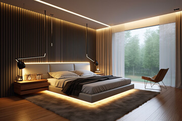 Edge linear Lighting in Bedroom. Generative AI.