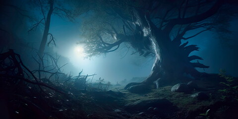 Fototapeta na wymiar mystical forest scene, featuring an ancient tree with glowing runes carved into its bark, surrounded by mist and illuminated by moonlight.Generative AI