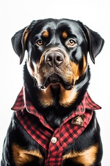A rottweiler dressed in a flannel. Generative AI.