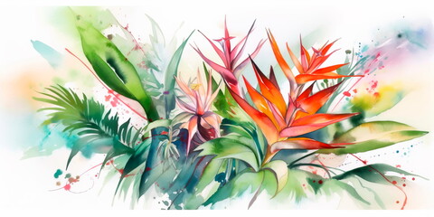 watercolor painting of a tropical bouquet featuring palm leaves and exotic flowers. Generative AI