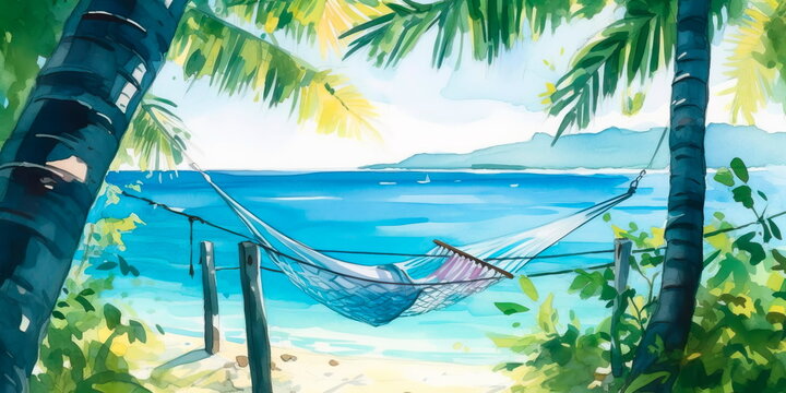 watercolor painting of a hammock strung between two palm trees, overlooking a clear blue ocean. Generative AI