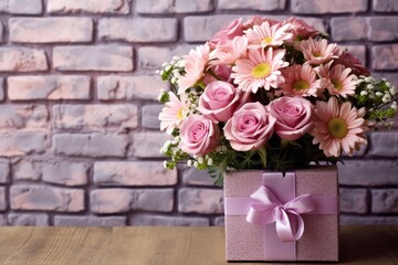 Beautiful bouquet of roses and chrysanthemums flowers and pink gift box on brick wall background. Generative AI.