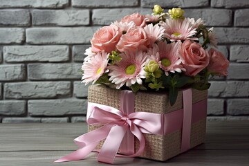 Beautiful bouquet of roses and chrysanthemums flowers and pink gift box on brick wall background. Generative AI.
