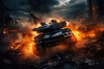 Armored vehicle hurtling through the smoke of the battlefield. Generative AI.