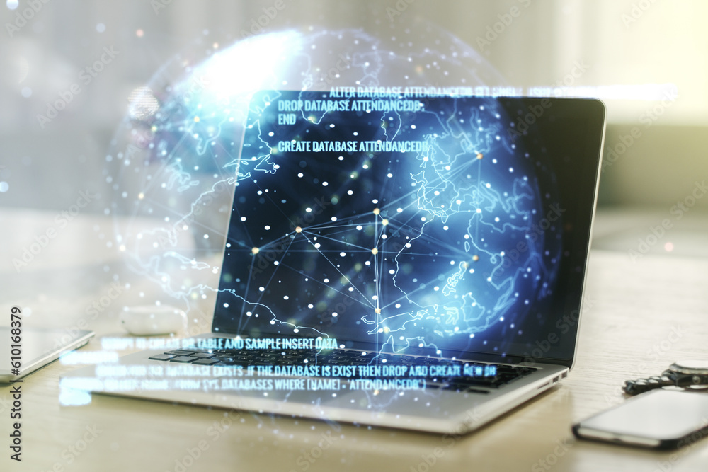 Aufkleber double exposure of abstract creative programming illustration with world map on computer background,