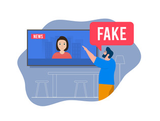 Combat fake news and misinformation. Man exposes false TV news, raising awareness about online propaganda. Promote media literacy and truth. Illustration isolated on white background