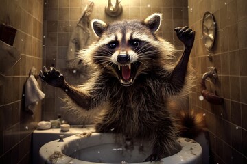 An angry racoon in toilet. Generative AI. - obrazy, fototapety, plakaty