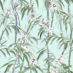 Fototapeta na wymiar A light green and white bamboo pattern based in vintage prints. Generative AI.
