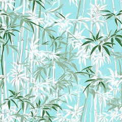Fototapeta na wymiar A light green and white bamboo pattern based in vintage prints. Generative AI.
