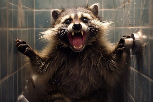 An angry racoon in toilet. Generative AI.