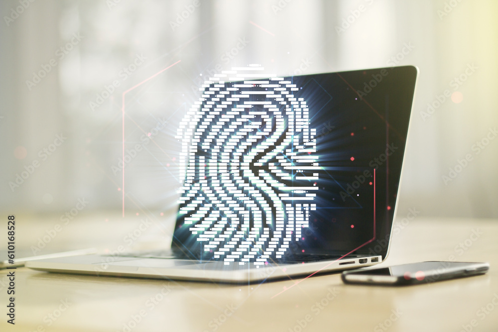 Aufkleber Multi exposure of abstract fingerprint scan interface on computer background, digital access concept