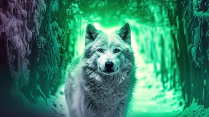 Wolf standing in a snow covered forest illuminated by a beam of white light against a green chroma background. Generative AI.