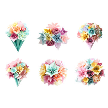 a collection of backgroundless photographs of origami bouquets