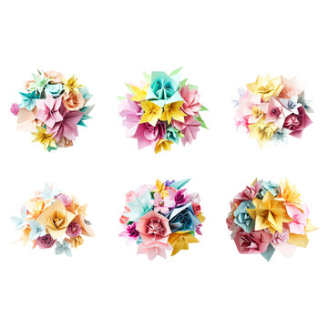 a collection of backgroundless photographs of origami bouquets