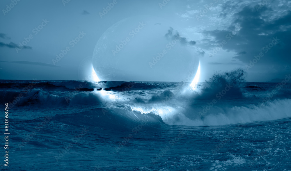 Poster Abstract dark blue background with crescent in the sea with strong waves in the foreground at night 