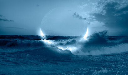 Abstract dark blue background with crescent in the sea with strong waves in the foreground at night 