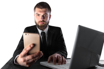 Portrait of a happy man working with a laptop