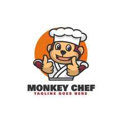 Vector Logo Illustration Monkey Chef Mascot Cartoon Style.
