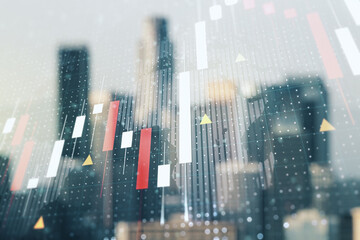 Multi exposure of virtual creative financial graph and world map on blurry skyline background, forex and investment concept