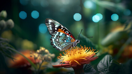 Fototapeta na wymiar Butterfly closeup resting on a flower with natural background generative ai