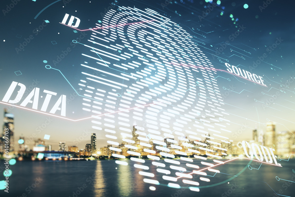 Poster Multi exposure of virtual fingerprint scan interface on Chicago office buildings background, digital access concept