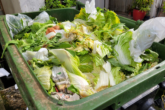 Close up vegetable waste at the wholesale market Malaysia. Vegetable waste is mainly generated before reaching consumers, due to overproduction and unfulfillment of retailer quality standard.