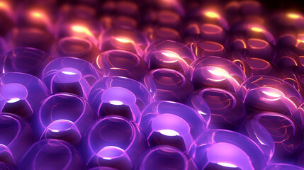 Purple violet and yellow, glowing bubbles. AI Futuristic tech wallpaper. Texture made of spherical glass transparent 3d shapes. innovative backgrounds. Translucent foam. 3d render composition.