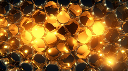 Yellow amber, glowing cylinders with recess. Futuristic tech wallpaper. Texture made of transparent 3d shapes arranged for digital innovative backgrounds. 3d render pattern composition. Generative AI