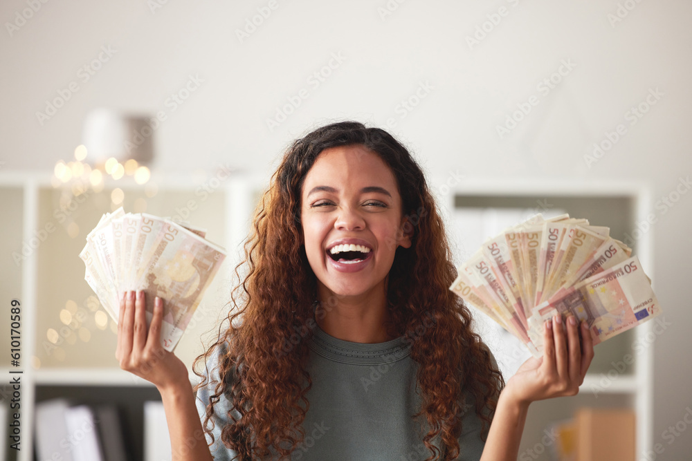 Sticker Happy woman with money in hands, savings and finance with success and celebrate financial goals. Budget, winning and wealth with cash fan, investment and female person winner with salary bonus