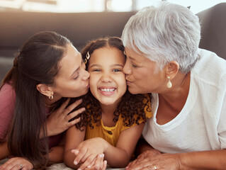 Portrait, mom and and kiss with grandmother and kid on floor of living room for bonding, smile and love. Happiness, trust and generations with women and girl in family home for solidarity and support