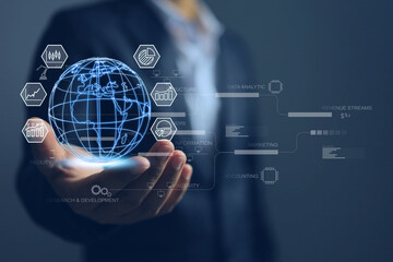 A businessman holding globe of marketing global structure on line network to planing on social media marketing. Business infographic concept.