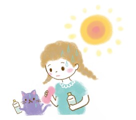 夏　熱中症対策　女の子　猫　イラスト