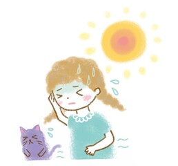 Fototapeta na wymiar 夏　熱中症　女の子　猫　イラスト