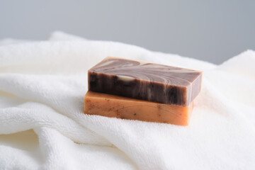 Beauty handmade soap on a terry towel.