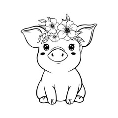 Cute Pig in a flower headband, outline, colouring page . Vector illustration.