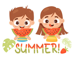 Happy girl and boy with watermelon. Summer postcard with cute cartoon child and lettering Summer with watermelon pattern. Vector illustration for kids collection, design, decor.