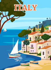 Fototapeta na wymiar Italy Travel Poster, mediterranean romantic landscape, mountains, seaside town, sailboat, sea. Retro poster