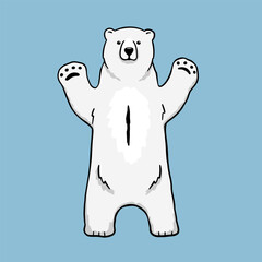 White polar bear stands on paws. Vector flat cartoon illustration isolated on white background.