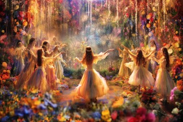 Dreamy fairies dancing amidst a mesmerizing tapestry of flower arches, creating a kaleidoscope of colors in a secret garden. Generative AI