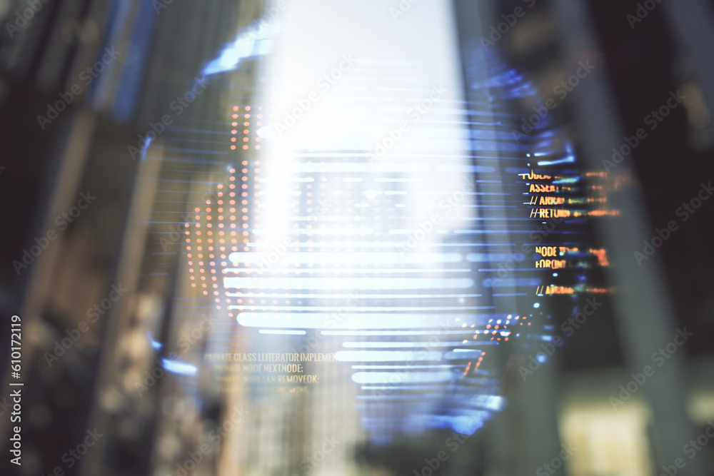 Poster multi exposure of abstract programming language hologram and world map on blurry cityscape backgroun