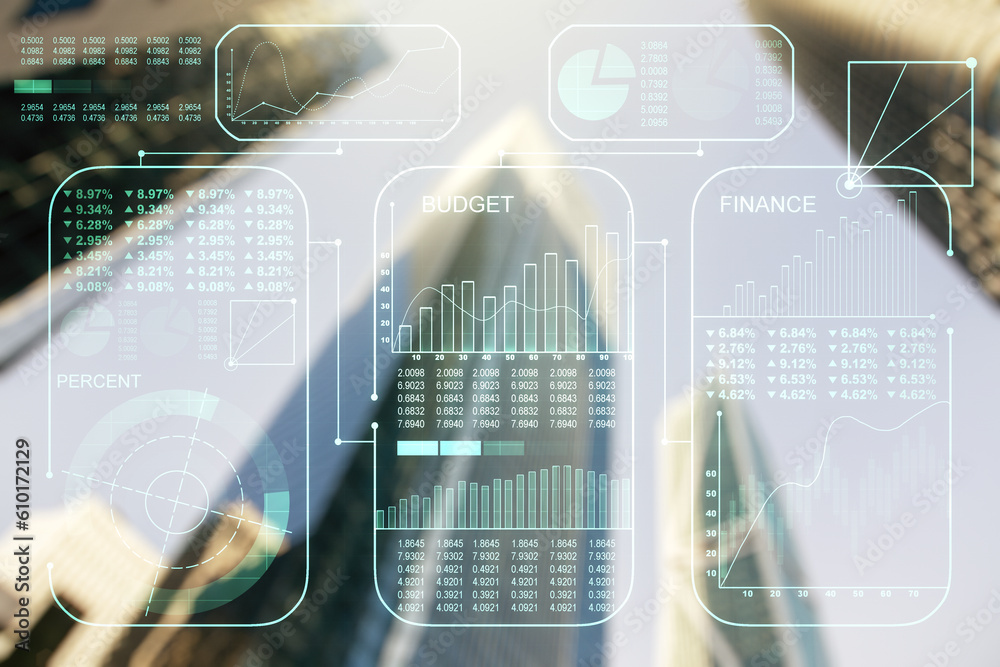 Poster multi exposure of abstract statistics data hologram interface on blurry cityscape background, comput