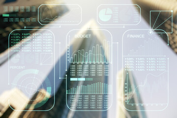 Multi exposure of abstract statistics data hologram interface on blurry cityscape background, computing and analytics concept