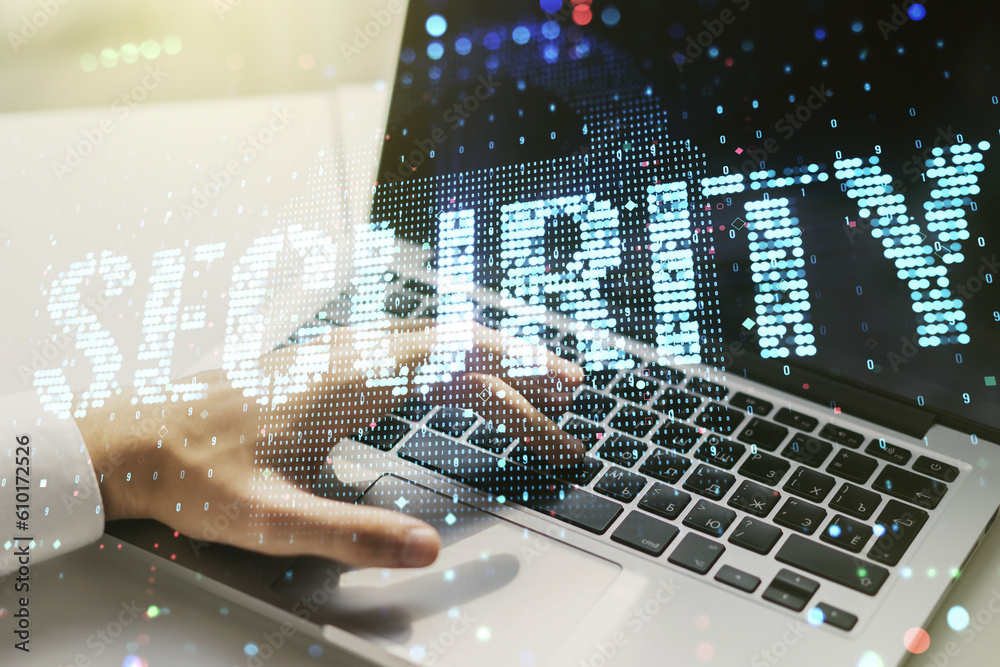 Poster Cyber security creative concept with hands typing on computer keyboard on background. Double exposure