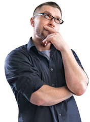 Portrait of nice modern and handsome male student or worker in glasses