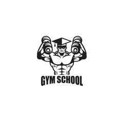 Gym school logo, sport and fitness logo with muscular hand holding dumbbell