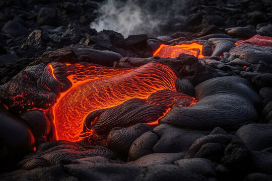 Molten lava flowing from volcano crater with ash and smoke