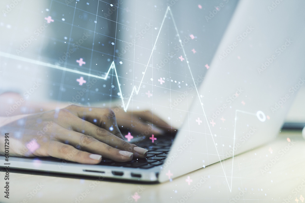 Poster creative abstract heart pulse hologram and hands typing on computer keyboard on background, online m