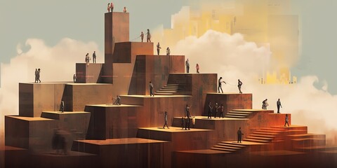A visual representation of inequality, showcasing people climbing a staircase with varying steps, highlighting unequal starting points. Generative AI.